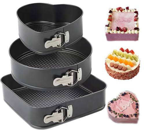 KRISINAG Carbon Steel Springform Cake Tin Set (7,8,9 inch), Nonstick Baking Tin Pan with Removable Bottom,Leakproof Cheesecakes Springform Cake Tin Bakeware Set (Heart-Shape, Round, Square) 3Pack