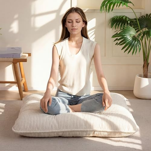 35 Washable Floor Pillow Cushion for Adults, Meditation Cushion Pillow, Extra Large Square Floor Sitting, Removable Tufted Corduroy Cover, for Tatami Living Room or Yoga, Beige, Machine Washable