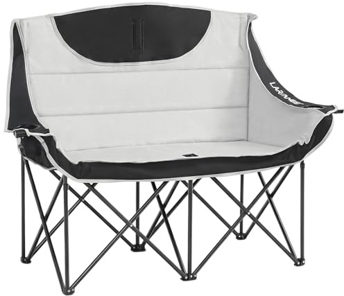 LARMNEE Chaise de Camping Pliable, 2 Porte-Gobelets et Sac de Rangement, Canapé Rembourré 2 Places de 50 cm de Large, Supportant 200 kg, pour Pêche, Pique-Nique, Plage, Pelouse, Gris et Noir EBG03LC02