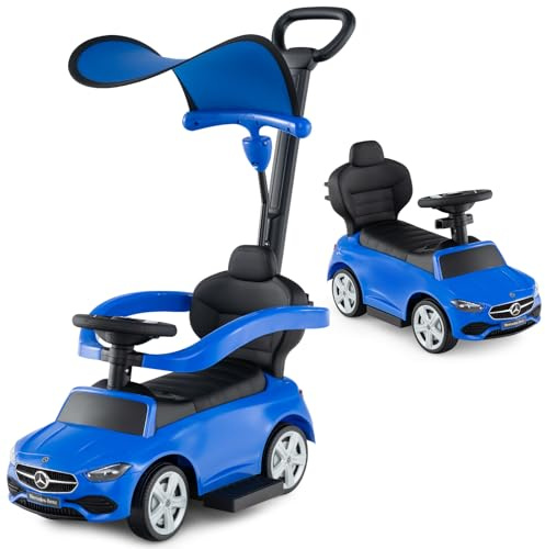 GOPLUS 3 in 1 Schiebeauto, Rutschauto Mercedes-Benz mit verstellbarem Verdeck und Stauraum unter dem Sitz, Rutschfahrzeug mit realistischen Geräuschen für Kinder von 18–36 Monaten (Blau)