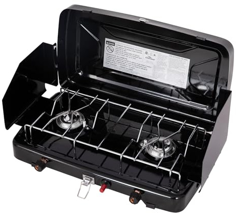FineFlame Camping Stove, Propane Portable Camp Stove with Regulator, Push-Button Instant Ignition, Adjustable Burners & Wind Guards for Car BBQ Picnics Outdoor Camping Cooking (13000BTU-2 Burners)