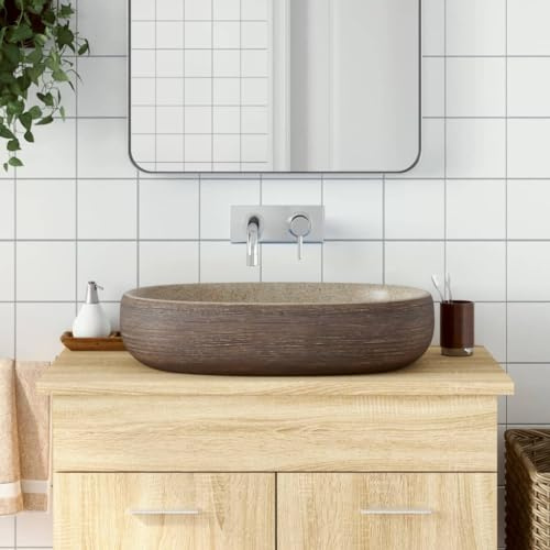 Mokuyary Lavabo da appoggio ovale color sabbia e marrone, 59 x 40 x 14 cm, in ceramica, lavabo, sopra il bancone, per bagno, WC ospiti, hotel, toilette