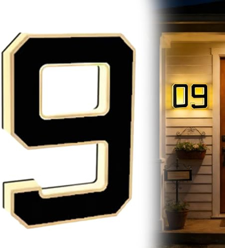 1Pcs Solar Door Number, 9 Inch Energy Efficient Illuminated House Number Signs, Weatherproof Warm Light LED House Numbers, Easy Install Kit with Template for Outside Wall, Garden, Driveway (9, 9in)