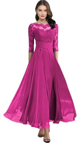 Vestido de noche formal de media manga de gasa con encaje para mujer, vestido de noche acampanado, vestido de invitada de boda, fucsia, 42