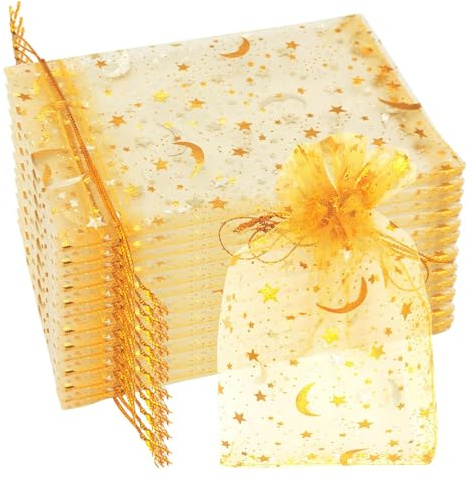 50 Bolsas de Organza Doradas 9x12cm con Estampado, Bolsitas Regalo Pequeñas para Joyas, Dulces y Detalles de Boda, Comunión o Bautizo, Saquitos de Tela con Cordón