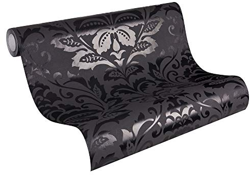 Livingwalls Vliestapete Flock Tapete neo barock glamourös klassisch 10,05 m x 0,53 m schwarz matt glänzend Made in Germany 255426 2554-26