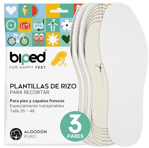 biped 3 Paar Barfußsohlen zum Zuschneiden - Frottee Einlegesohlen aus 100% Baumwolle und weicher Latex Dämpfung - Schuheinlagen gegen Fußgeruch und Bakterien z2028