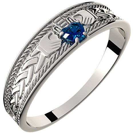 GWG Jewellery 925 Sterling Silver Claddagh Ring with Heart Shaped Sapphire Blue Stone, Hands, and Crown – 8 in Gift Box for Women