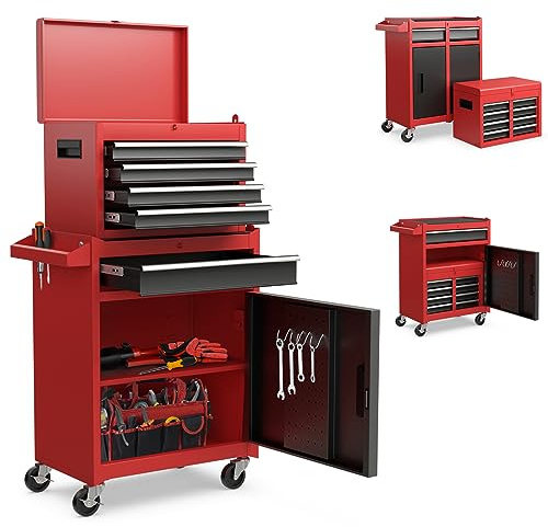 Goplus Rolling Tool Chest, 5-Drawer Tool Box Organizer w/Lockable Wheels & Sliding Drawers & Detachable Top & Adjustable Shelf, Tool Storage Cabinet for Garage Workshop (Red+Black)