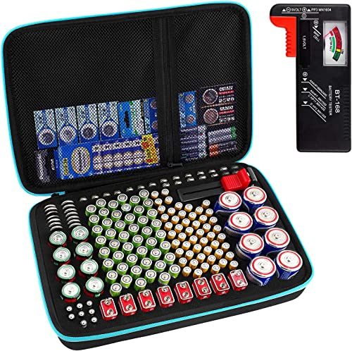 Contenitore per organizer di batterie con tester batteria (BT168), supporto per sacchetto per batterie al litio 3V 152 AA AAA AAAA 9V C D (blu)