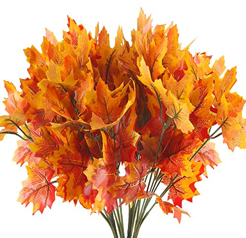 HUAESIN 4pcs Ramo de Planta Artificial Exterior Interior Roja Arbusto Hoja Rama Artificial Hojas de Arce Otoño Decoracion Flor Plastico para Patio Jardinera Jarrones Terraza Balcon Hogar Cocina Mesa