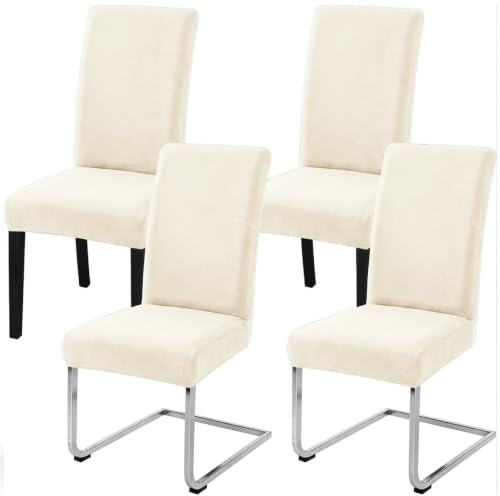 LANSHENG Samt Stuhlhussen 4er Set, Waschbar Stuhlbezug Schwingstühle, Beige | Stretch Stuhlhussen Schwingstühle für Esszimmer Küche Restaurant
