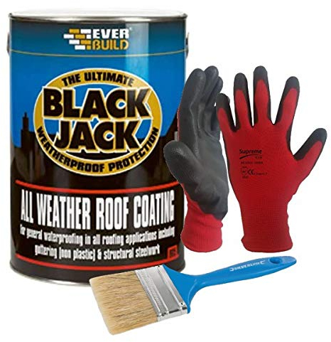 Nassboards Black Jack 905 All-Weather Roof Coating with Brush & Gloves - Fast Drying Weatherproof Solvent-Based Bitumen Compound - Water Proofing and Sealing Different Types of Roof Coverings (5L)
