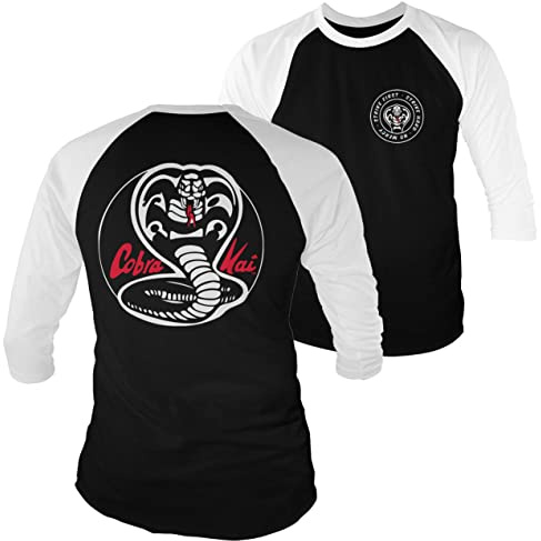 Cobra Kai Offizielles Lizenzprodukt Weiß Patches Baseball 3/4 Ärmel T-Shirt (Weiß-Schwarz), Large