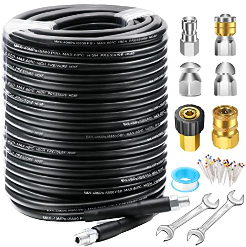WEST Bay 150 FT avloppsjetter kit för högtryckstvätt, 5 800 PSI dräneringsslang 1/4 tum NPT, hörn, roterande, knapp näsa avloppssprutningsmunstycke vattentät tejp pärla korsett stift med 2 st