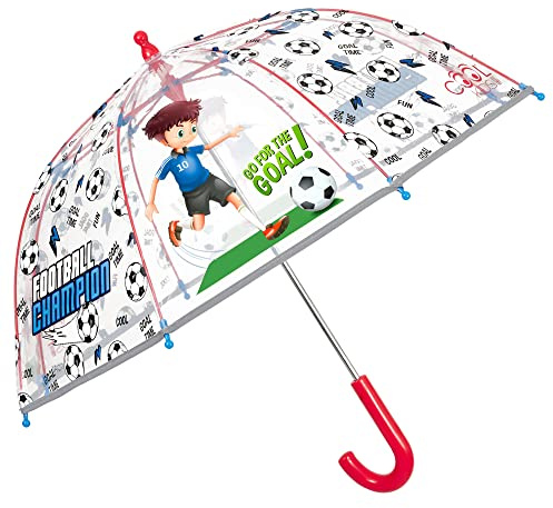 PERLETTI Paraguas Transparente Niño Apertura Manual Estampado Futbolista - Paraguas Cúpula Infantil Azul Rojo Borde Reflectante - Sombrilla Lluvia Pequeña Niños 4 5 6 Años - Diámetro 67 cm (Fútbol)