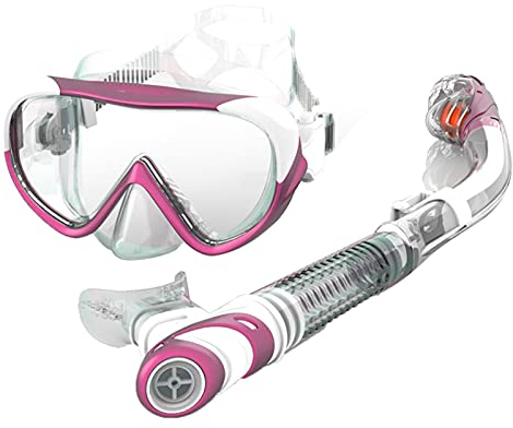 Schnorchel-Set für Erwachsene, Anti-Fog-Film, Tauchen, Schnorcheln, Tauchermaske mit schlagfestem, gehärtetem Glas, Trockenschnorchel (Blau) (Pink)