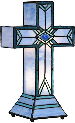 Bieye L30815 Lateinisches Kreuz, Tiffany-Stil, Buntglas-Akzent-Tischlampe, Nachtlicht, 21,6 cm B x 33 cm H, Blau