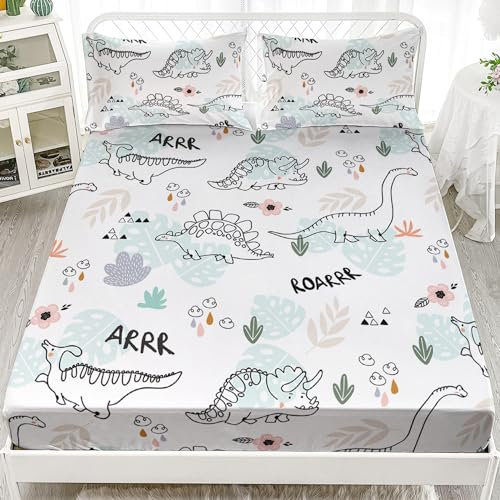 AILONEN Dinosaurier-Bettlaken-Set, Doppelbett-XL-Größe, niedliche Dinosaurier-Bettwäsche für Jungen und Mädchen, 3-teiliges Set: 1 Spannbetttuch und 2 Kissenbezüge