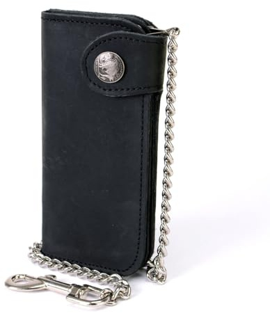 Milwaukee Leather MLW7828 Men's 7 Leather Bi-Fold Biker Wallet w/Anti-Theft Stainless Steel Chain and Buffalo Nickel Snap - 7 Inch