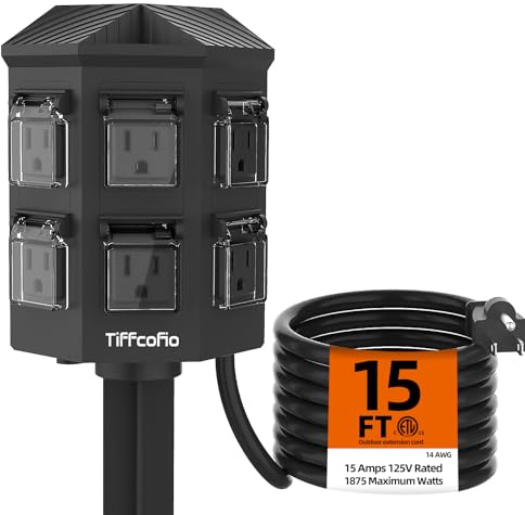 TiFFCOFiO Outdoor Power Strip with Stake Waterproof, 15 FT Extension Cord, 6 Grounded Outlets for Outdoor Lights, 14 AWG, 15A/1875W, ETL Listed