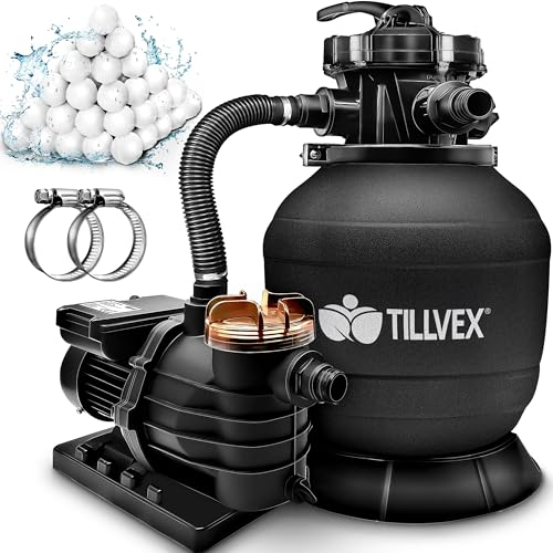 tillvex Pompa Filtro Piscina Portata 10 m³/h con 800g Filtro Balls - 7 funzioni di filtrazione - Filtro per piscina con indicatore di pressione - Impianto di filtrazione a sabbia per piscine e vasche
