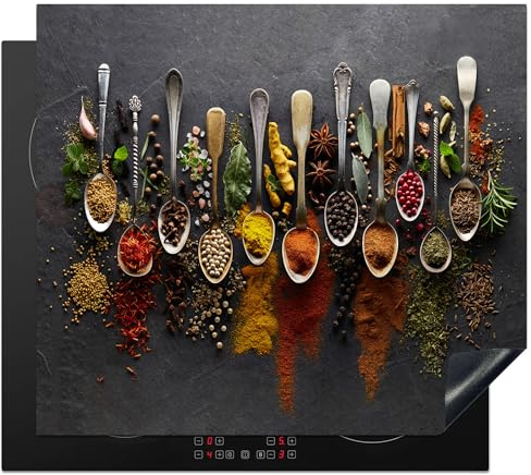 KitchenYeah© Herdabdeckplatte Einteilig Ceranfeld Abdeckplatte Küche Deko | 57x51 cm - Ceranfeldabdeckung Herdabdeckung Induktionsmatte Kräuter - Gewürze - Beton - Löffel
