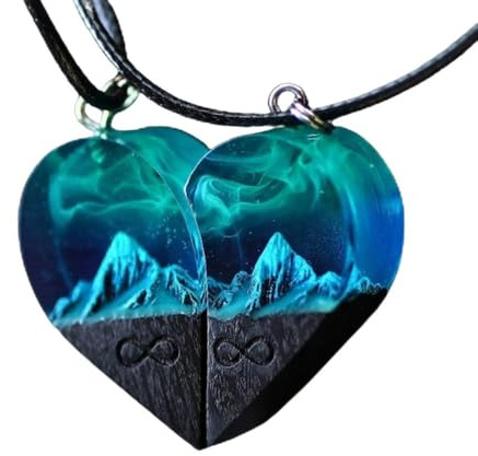 BOSONS Aurora Borealis Holzharz-Anhänger, Aurora-Borealis-Holzharz-Anhänger, Nordlichter-Plektrum-Halskettenanhänger, Nachthimmel-Schmuck, Geschenk für sie (gepaartes Herz), 5