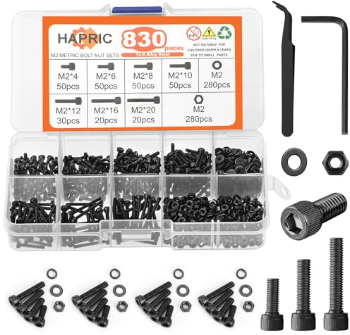 830 Stück Gewindeschrauben Set, M2 Schrauben Set Metrisch mit Pinzette Maschinenschrauben Zylinderkopfschrauben Sechskantschrauben Set für Elektronikprodukte Haushaltsgeräte Autoreparatur