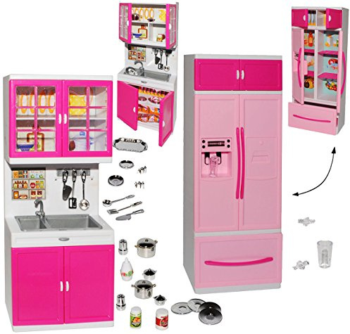 alles-meine.de GmbH XL Set: Kühlschrank mit Eiswürfelspender & Spühle - mit Zubehör - Geschirr & Töpfe - für Puppenhaus - Miniatur für Puppenstube - passend für alle gängigen Mod..