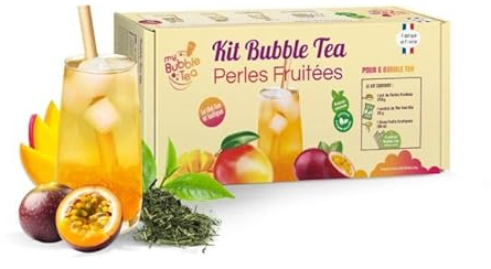 KIT BUBBLE TEA MANGUE - FABRIQUÉ EN FRANCE - 6 BUBBLE TEA - Pailles canne à sucre incluses - Vegan et sans gluten