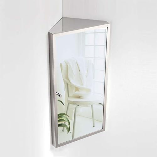 Badezimmer-Eckspiegelschrank aus Edelstahl mit 2 Ablagen und Spiegeltür, wandmontiert, dreieckiger Stauraum für kleine Räume, moderner Eckschrank für Badezimmer-Organisation und Aufbewahrung