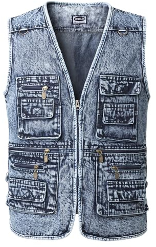 KTWOLEN Gilet di Jeans da Uomo Vintage Giubbino di Jeans Smanicato da Moto Giacca Jeans Senza Maniche Multitasche Denim Gilet da Pesca Lavoro Caccia, Blu chiaro, XXL