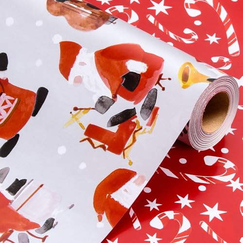Wikadlik Weihnachts-Geschenkpapier, 43 cm x 10 m, Silberner und Roter Weihnachtsmann, Musikinstrumente, Winter, Festliche Partys