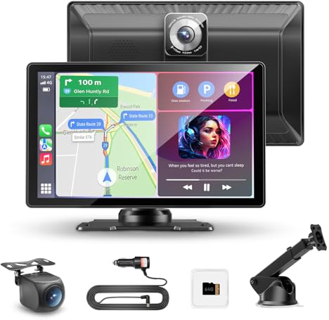 Carpeer 9 Zoll CarPlay & Android Auto Display Digital Receiver mit 4K Frontkamera + 1080P Rückfahrkamera, Kabelloses Carplay Bildschirm mit AUX/FM, Bluetooth, GPS, Siri, Mirror Link 64G TF
