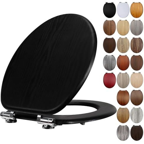 Fanmitrk Black Wooden Toilet Seat with Soft Close Adjustable Solid Hinges, MDF Wood Oval Toilet Seat (JHE1889-01)