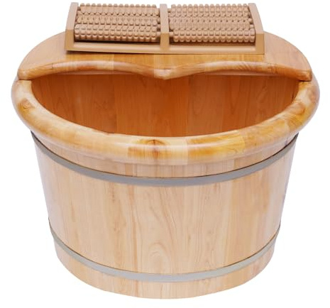 Solid Cedar Wood Foot Bath Basin with Massage Roller & Lid - Spa Soaking Tub for Adults, Heat Retention Design, Large 12.2x9.84in Soak Bucket, Pedicure Barrel for Foot Bath, Soak, Massage, Spa, Sauna