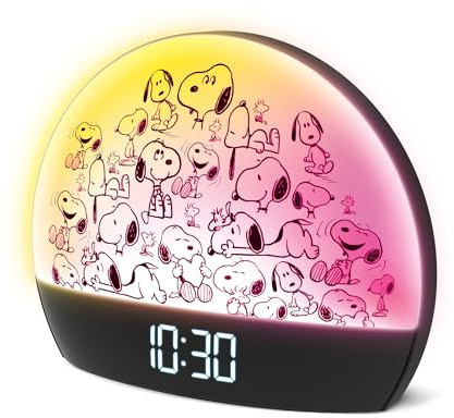 Peanuts Snoopy Sunrise Alarm Clock – Vibrant Snoopy Edition with Multicolor Lights, USB Charging, LED Display, Gentle Wake-Up Simulation, and Handy Snooze Function, Black