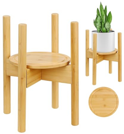 JIIKOOAI Support de pot de fleurs en bois moderne du milieu du siècle, support réglable en bambou avec plateau pour intérieur et extérieur, convient aux pots de 20 à 30 cm (plante non incluse)