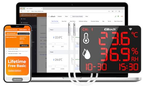Elitech WIFI Thermometer Industrie Großes Display,Temperatur- und Feuchtigkeitsmessgerät Data Logger mit Externe Sensoren,Echtzeitüberwachung für Lager, Labor, Zuhause, Gewächshaus DR-230W-THDE