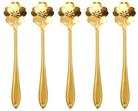 Golden Sakura Teaspoon Set – 5-Piece Floral Gold Dessert & Tea Spoons – Japanese Style Stainless Steel Cutlery for Coffee, Tea, Desserts