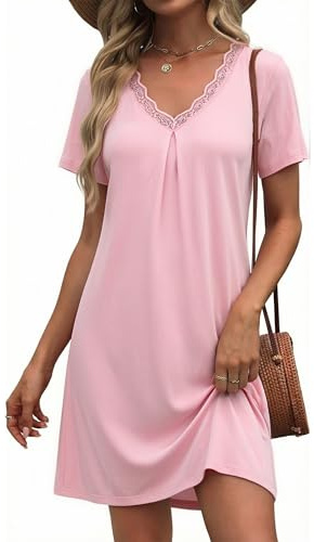 Litherday Women's Nightdress Cotton Short Sleeve Nightshirt Solid Nighties for Women UK Sleep Tee Nightwear Soft Sleepshirts Loungewear Pink