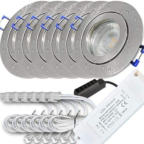 LED Decken Einbauspots 6er Set –, IP44, Feuchträume, Niederspannung 12V, 400 Lumen, Warmweiß, 5W, Rund, inkl. Netzteil & 120cm Zuleitung mit AMP Stecker. Bad, Dusche, Küche, überdachter Aussenbereich