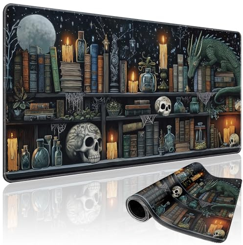 Mcapirivo Mystical Gothic Library Large Gaming Mouse Pad 31.5x15.7｜ Vintage Book-Themed XXL Desk Mat, Non-Slip Rubber Base & Stitched Edges - Extended Mousepad for PC/Laptop/Office/Home Decor