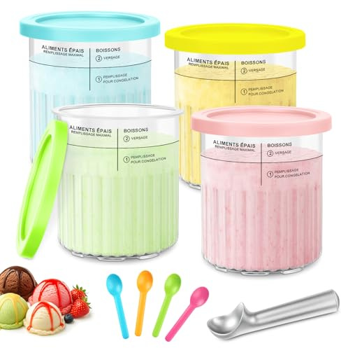 4 Stück Ninja Creami Deluxe Behälter, 800 ml Ninja Eisbehälter für NC500 NC501-Serie, mit Deckeln, mit Aluminiumlöffel Und 4 Löffeln, BPA-frei, spülmaschinenfest Wiederverwendbar Aufbewahrungsbecher