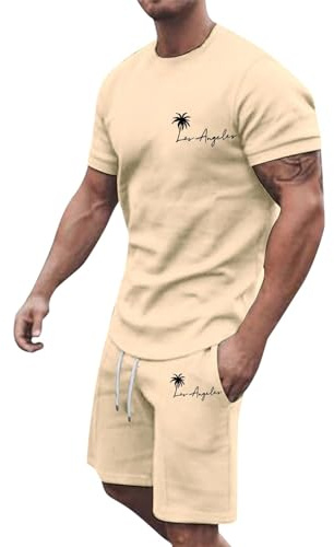 Generisch Herren Sommer Leichtathletik Anzug Plus Größe Kurze Ärmel O Hals Sport Set Casual Kleine Kokosnuss Druck Jogginganzüge Für Männer (Khaki, L)