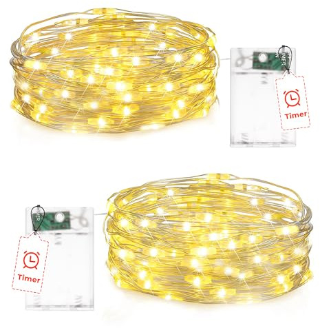 Flaspar 2 Stück Lichterkette Batterie mit Timer, 2M 20 LED Kupferdraht Lichterkette Draht Innen Lichterketten Batteriebetrieben für Party Hochzeit Valentinstag Deko, Warmweiß