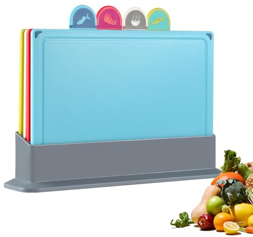 Hunnycook Plastic Chopping Boards Set - 4 Colour Coded Chopping Boards for Kitchens with Stand(30x20x0.5cm), Juice Grooves & Non-Slip Feet, BPA-Free for Meat, Bread, Seafood & Fruits Dishwasher Safe