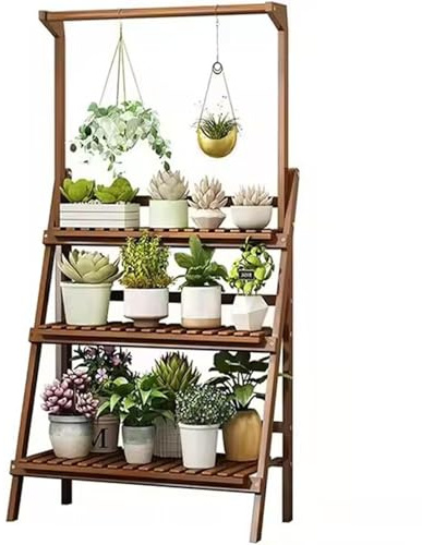 ASerZenith Bamboo 3-Tier Hanging Plant Stand Planter Shelves for Multiple Plants Indoor Outdoor Flower Pot Organizer Rack Folding Display Shelving Plants Shelf Unit Holder（50cmL）