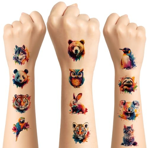 Wasserfarben Tier Tattoos für Kinder - 60 Temporäre Tattoo-Vorlagen für Jungen und Mädchen (Arm, Schulter, Körper) - Partydekoration für Geburtstagsfeiern